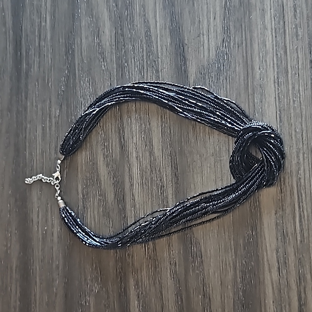 Black Micro Bead Multi-Strand Seed Bead, Silver Accent Necklace with Knot